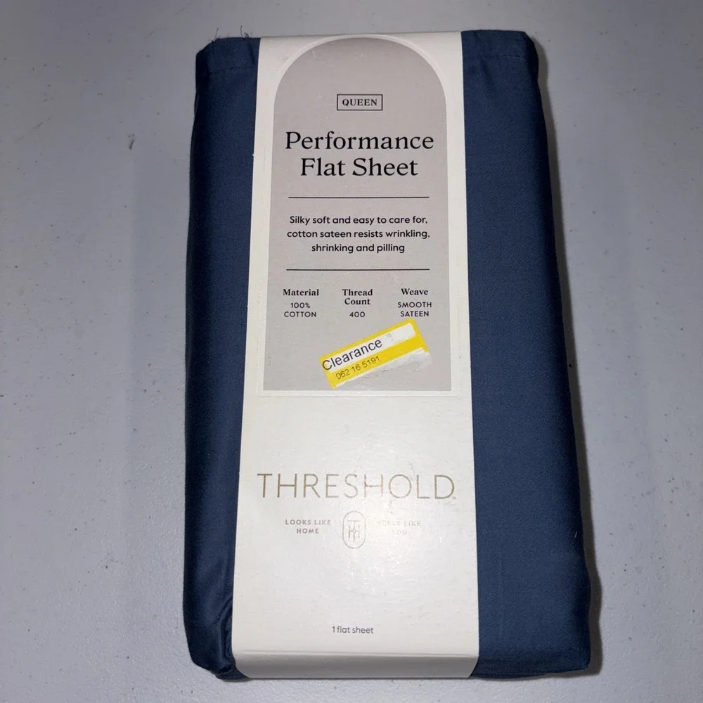 Threshold Performance 100% Cotton Sateen QUEEN Flat Sheet Blue 400 TC Smooth